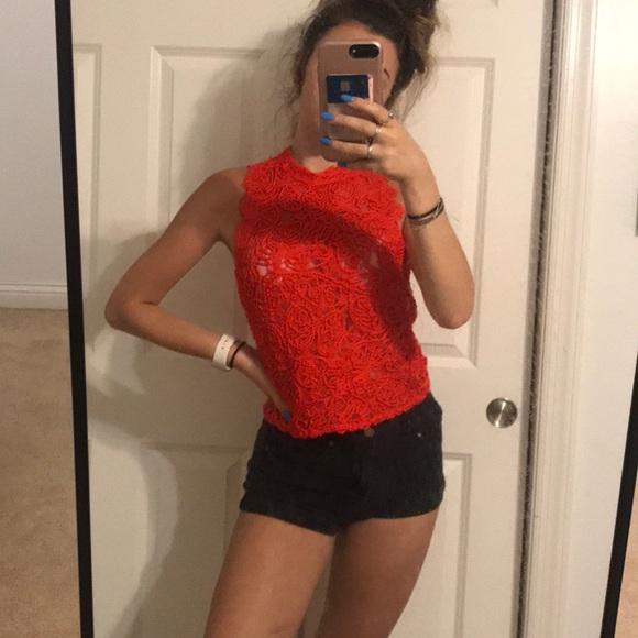 zara red lace halter top - Picture 2 of 5